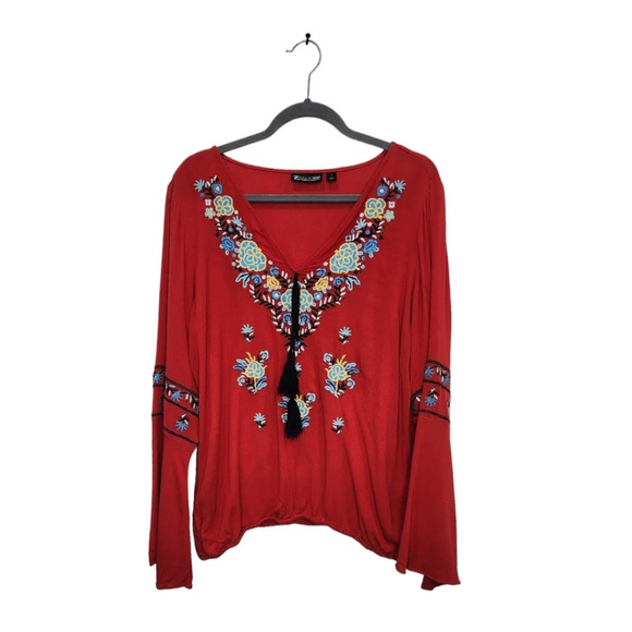 New York & Company Embroidered Flower Long Sleeve V Neck Red Blouse Size M - Picture 3 of 7